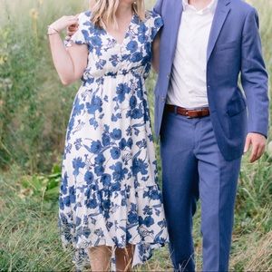 White & Blue Floral Print High-Low Midi Dress - Size S